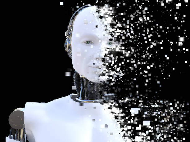 istock 3D rendering of male robot head that shatters. 1251696277