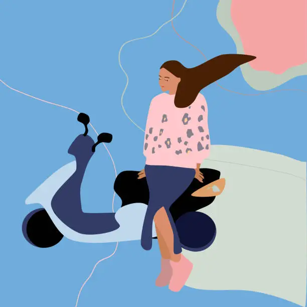 Vector illustration of A girl in a skirt with a slit leaning on a motorcycle or scooter.