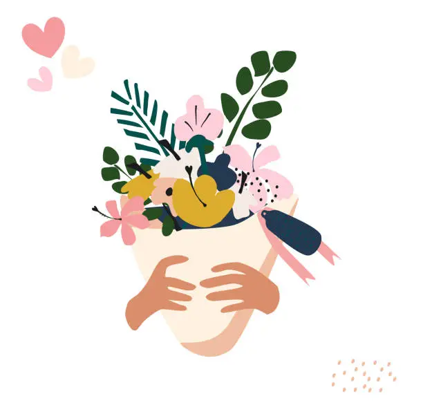 Vector illustration of Hands hold a bouquet of flowers in paper packaging with a ribbon.