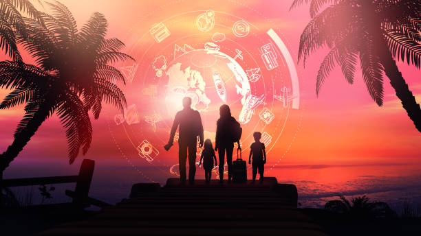 Family silhouettes on a tropical sunset background and travel infographics. stock photo