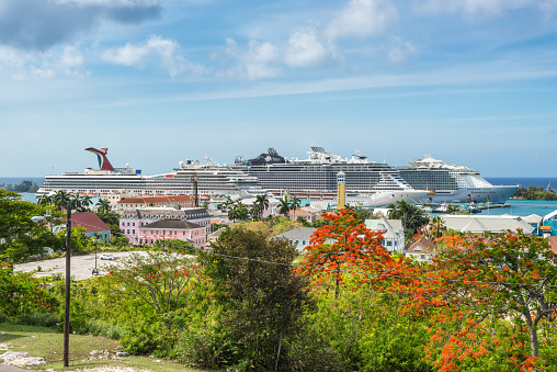 Nassau, Bahamas - May 3, 2019: Fort Fincastle on Bennet's Hill, where it overlooks Historical Nassau, capital of Bahama and it's harbor where cruise ships are moored.