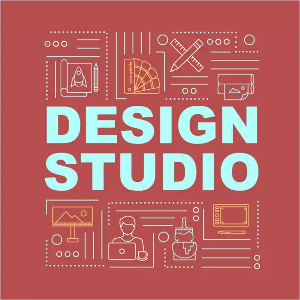Vector illustration of Design studio word concepts banner. Inhouse company work. Remote workplace. Infographics with linear icons on red background. Isolated typography. Vector outline RGB color illustration