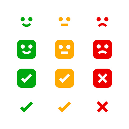 icon emotions face, emotional symbol and approval check sign button, emotions faces and checkmark x or confirm and deny, button checkbox flat for apps, faces icons and checkmark choice for checklist