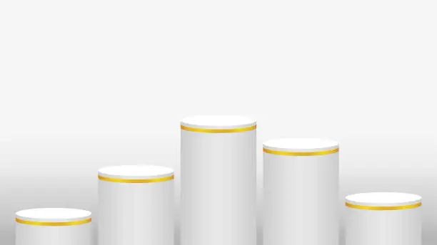 Vector illustration of pedestal cylinder circle five steps for cosmetics showcase, podium circle stage white grey and gold color, platform 5 steps and advertising copy space, podium round five layers of product display