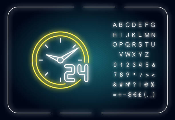 rund um die uhr service neonlicht-symbol. 24 7 stunden kundenbetreuung. kreis uhr zifferblatt abzeichen. äußere glühende wirkung. signieren sie mit alphabet, zahlen und symbolen. vektorisolierte rgb-farbillustration - clock number 7 clock face watch stock-grafiken, -clipart, -cartoons und -symbole