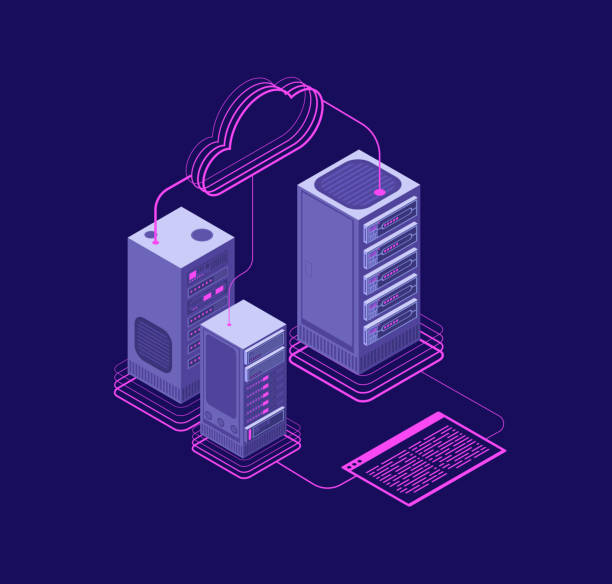 Network hosting solutions, datacenter with services, website administrative support vector isometric concept Network hosting solutions, datacenter with services, website administrative support vector isometric concept. Illustration of computer database system cloud television host stock illustrations