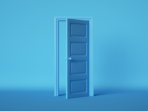 3d render, open door isolated on blue background. Architectural design element. Modern minimal concept. Opportunity metaphor.