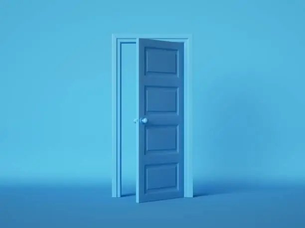 Photo of 3d render, open door isolated on blue background. Architectural design element. Modern minimal concept. Opportunity metaphor.