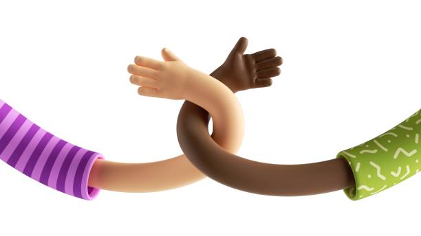 istock 3d render abstract modern interracial relationship concept, cartoon twisted elastic caucasian and african hands, open palms. Surrealistic clip art isolated on white background 1251713028