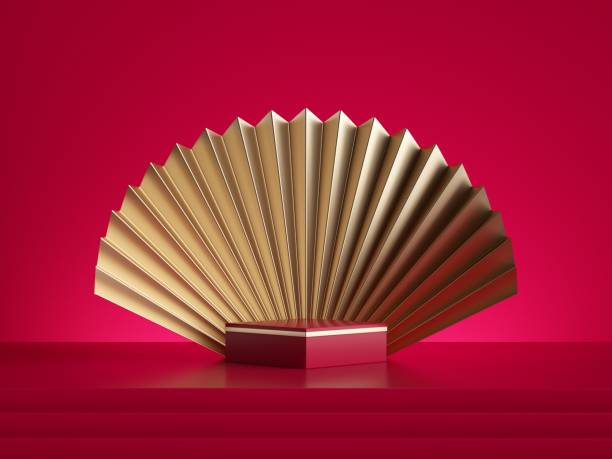 istock 3d rendering, abstract red gold background with empty square podium, square box and golden folded fan, pedestal stage, blank showcase template for product display 1251713158