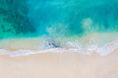 Bali, aerial view of a beach - blue transparent ocean and white sand.