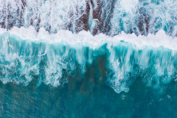 istock Big ocean waves hitting a coral rif. View from above. 1251714112