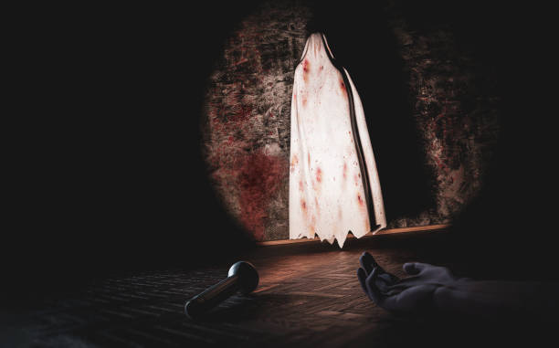 istock Horror scene with a lying dead man and a demon illuminated by flashlight 1251714709