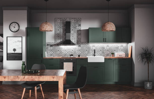 istock Scandinavian style green kitchen with patterned tiles 1251718041