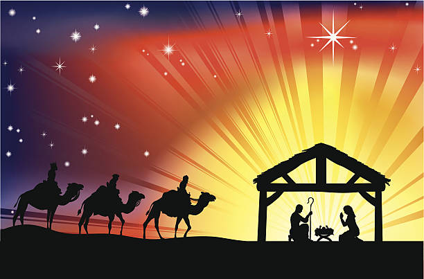 Christian Christmas Nativity Scene Illustration of traditional Christian Christmas Nativity scene with the three wise men bethlehem star stock illustrations