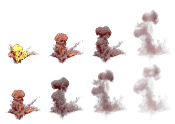 白い背景に孤立した火と燃焼と大きなロケットバンキノコ雲の多くの画像 - オブジェクトの3dイラスト - fireball big bang fire exploding ストックフォトと画像