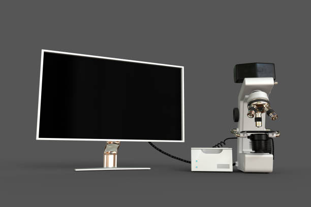 istock White lab microscope, cpu block and blank screen isolated, realistic 3d illustration of object with fictional design, genetic discovery concept 1251719408