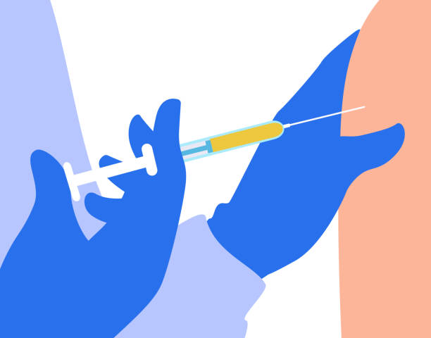 lekarz podaje dawkę szczepionki do ramienia pacjenta. szczepienie, strzał przeciwwirusowy. wstrzyknięcie szczepione strzykawką. ręce w rękawicach chirurgicznych. - pen illustration stock illustrations