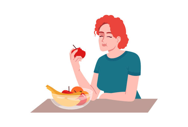 рыжеволосая девушка ест фрукты полуплохой rgb цвет вектор иллюстрации. здоровое питание, витаминная диета. молодая кавказская женщина насла - women white background caucasian isolated stock illustrations