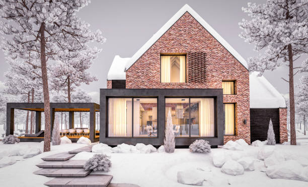 istock 3d rendering of modern clinker house on the ponds with pool in evening night 1251725907