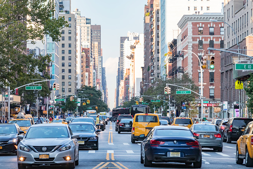 New York City, USA 2017: Third Avenue is crowded with cars during a rush traffic jam in the East Village neighborhood of Manhattan in NYC.