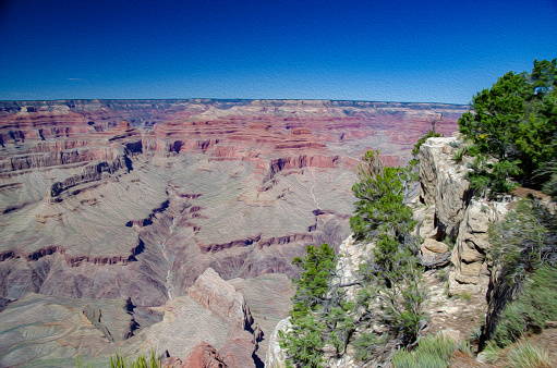 Grand Canyon National Park, the Abyss, colors with trees in foreground