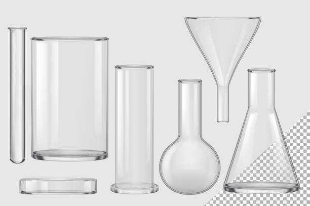 Glass flask set Glass flask. Isolated realistic empty chemical filter funnel, bulb, test tube, beaker, petri dish collection. Vector chemistry and biology laboratory glass flask glassware equipment beaker stock illustrations