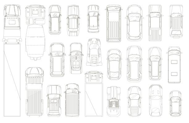 Cars and trucks. Various automobiles and trucks Cars and trucks outline. Various automobiles and trucks motor wheel vehicles line contour drawing set. Top view of trucks and cars collection. Automotive transportation and auto industry concept directly above stock illustrations