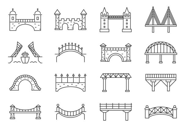 ilustrações de stock, clip art, desenhos animados e ícones de bridge silhouette. drawbridge, viaduct, aqueduct - suspension railway