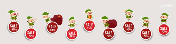 Christmas New Year sale, set stickers with elves and discounts, vector isolated Christmas New Year sale, advertising stickers with elves and discounts, vector isolated elements for festive design. Set 3 santa claus elf assistance christmas stock illustrations