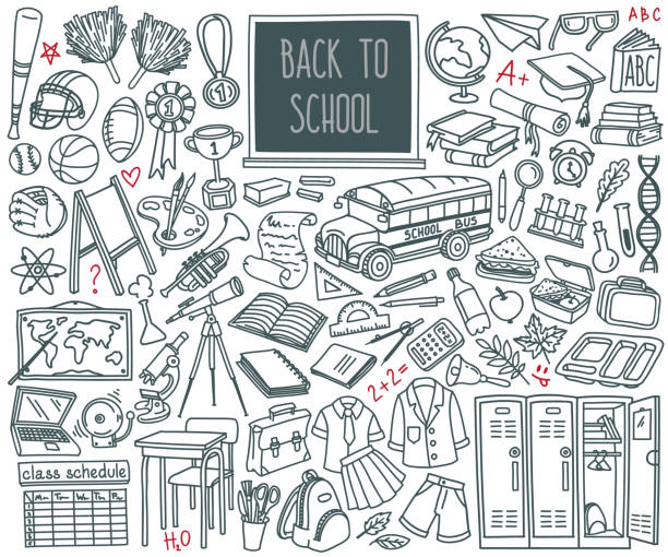 illustrazioni stock, clip art, cartoni animati e icone di tendenza di torna al set del doodle della scuola. sport, arte, lettura, scienza, geografia, biologia, fisica, matematica, astronomia, chimica. - blackboard desk classroom education