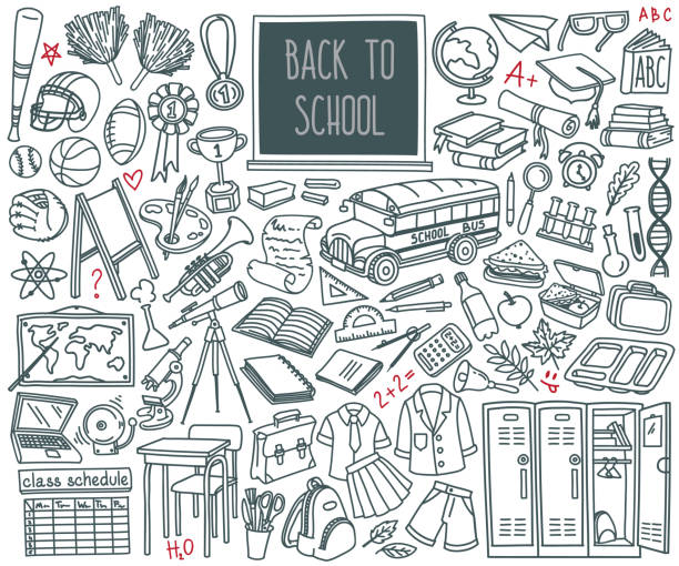 Back to School doodle set. Sport, art, reading, science, geography, biology, physics, mathematics, astronomy, chemistry. Hand drawn vector illustration isolated on white background. high school sports stock illustrations