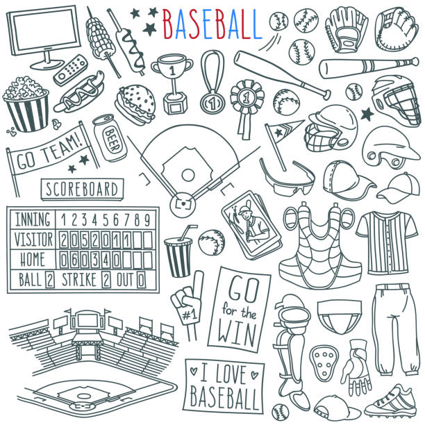 ilustraciones, imágenes clip art, dibujos animados e iconos de stock de conjunto de garóculas de béisbol. equipamiento especial, ropa de jugador, campo, estadio, banderas de aficionados y letreros. - baseball