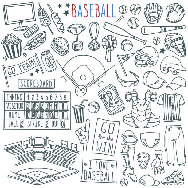 illustrations, cliparts, dessins animés et icônes de ensemble de doodle de base-ball. équipement spécial, vêtements de joueur, terrain, stade, bannières et pancartes des fans. - scoreboard baseballs baseball sport