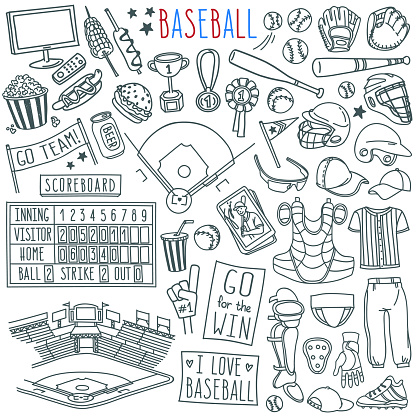 Baseball doodle set. Special equipment, player's clothing, field, stadium, fan's banners and signs.