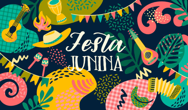 illustrazioni stock, clip art, cartoni animati e icone di tendenza di festa latinoamericana, la festa di giugno del brasile. festa junina. - guitar illustration and painting abstract pattern