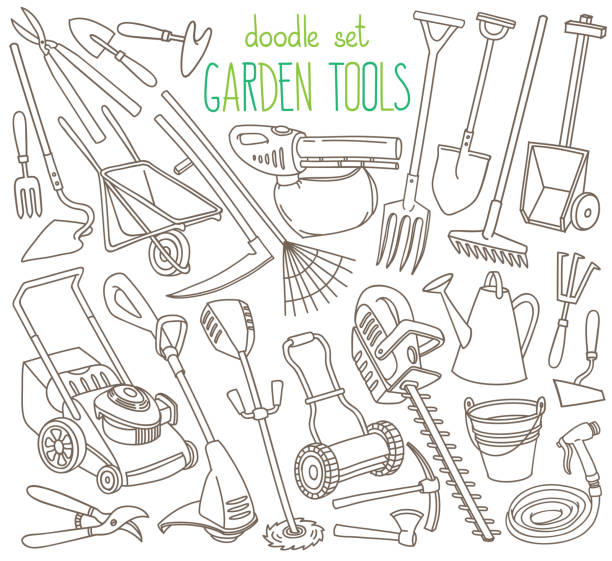 ilustrações, clipart, desenhos animados e ícones de ferramentas de jardim doodle set. equipamentos e instalações para jardinagem, agricultura, agricultura e horticultura. ferramentas manuais e ferramentas elétricas. - electric trimmer