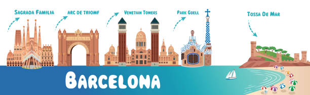 바르셀로나 상징과 토사 드 마르 - barcelona spain antonio gaudi sagrada familia stock illustrations