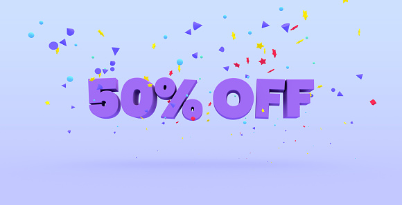 50% off - Sales discount advertisement for businesses. High-resolution 3D illustration