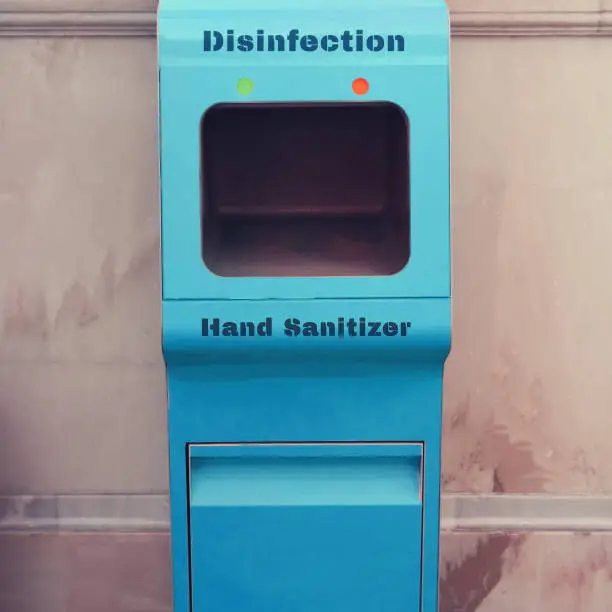 Photo of Hand sanitizer in the subway, disinfection of passengers in public transport. Blue automatic machine for hand hygiene