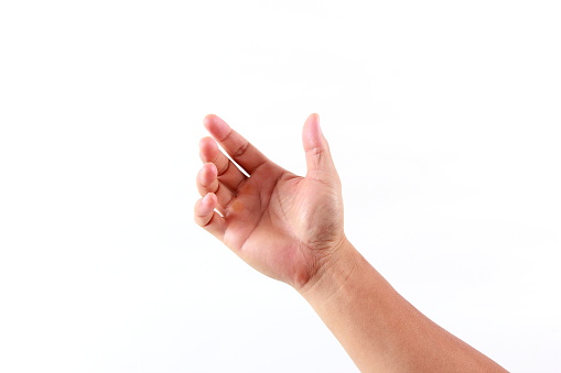 Man hand holding something, isolated on white background