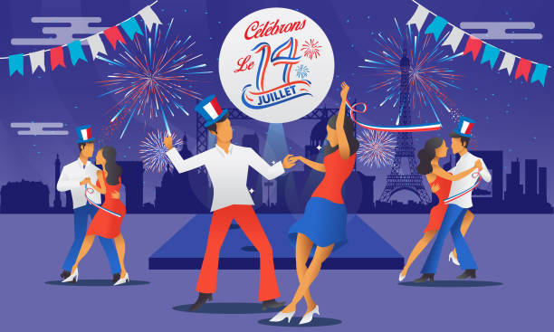 Bastile day greeting card with dance, parties and firework. Le 14 Juillet French translation of 14 July French national Day Bastile day, greeting card, Le 14 Juillet, French national Day bastille day stock illustrations