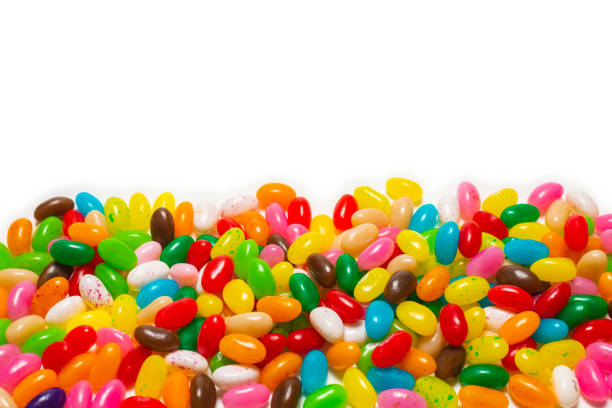 Colorful jelly beans isolated on white. Top view.