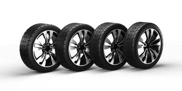 istock Four car wheels isolated on white background, in a row. 3D rendering illustration. 1251743395