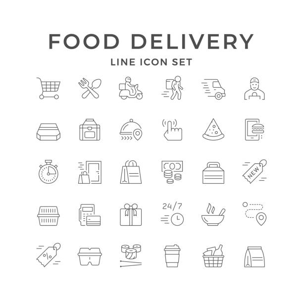 Set line icons of food delivery Set line icons of food delivery isolated on white. Motor scooter and van delivery, pedestrian courier, coffee cup, route map, pizza, gift box, paper bag, cash payment. Vector illustration cash in transit vehicle stock illustrations
