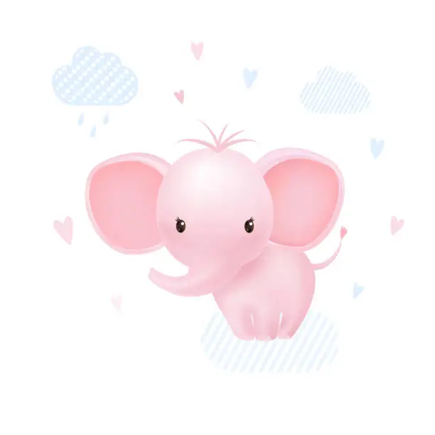 Vector illustration of Pink baby girl elephant happy with hearts and clouds.