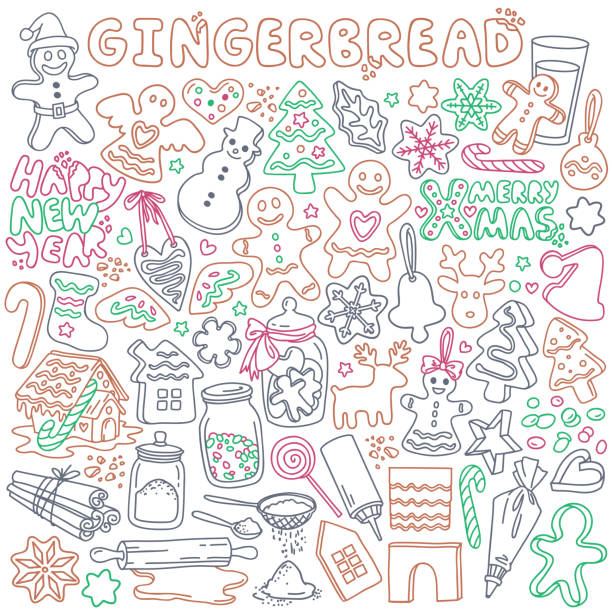 ilustrações, clipart, desenhos animados e ícones de gingerbread doodle set. biscoitos de natal tradicionais e ingredientes para assar. - cortador de massa folheada