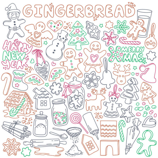 Gingerbread doodle set. Traditional Christmas cookies and ingredients for baking. Hand drawn vector illustration isolated on white background. gingerbread man cookie cutter stock illustrations