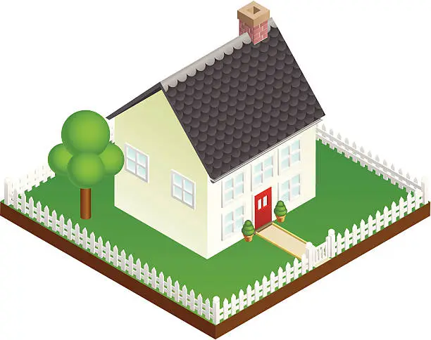 Vector illustration of Quaint house with picket fence isometric view