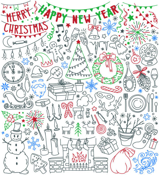 frohes neues jahr und frohe weihnachten doodle set. weihnachtsbaum, kamin mit strümpfen, geschenk-boxen, schneeflocken, adventskranz, party-dekoration. - adventskranz stock-grafiken, -clipart, -cartoons und -symbole